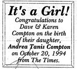 Compton, Andrea Tanis birth