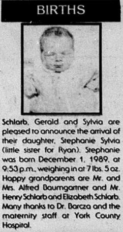 Schlarb, Stephanie Sylvia birth
