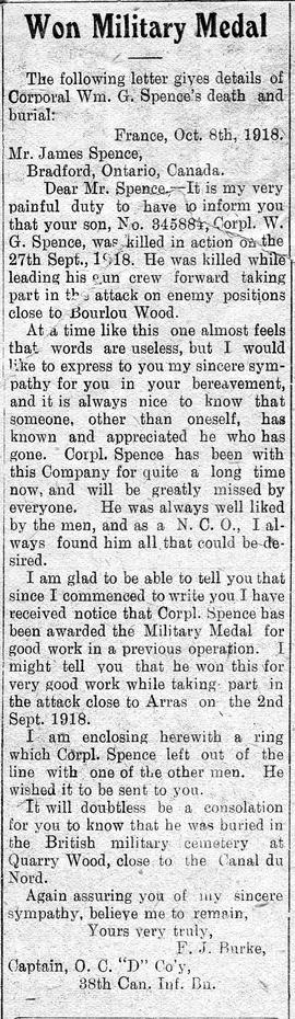 Spence, Cpl. William obituary