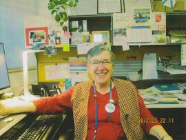 Heidi Northover at her desk - 35 years of service