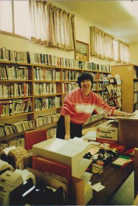 Heidi Chard at her desk - 1988