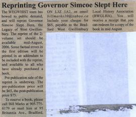 Reprinting Governor Simcoe Slept Here