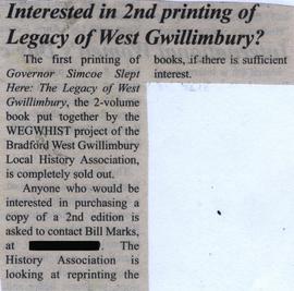 Interested in 2nd printing of Legacy of West Gwillimbury?