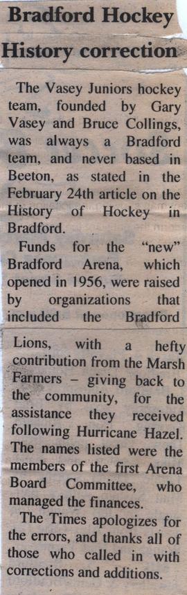Bradford Hockey History correction