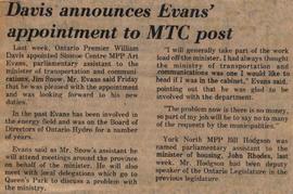 Davis announces Evans' appointment to MTC post